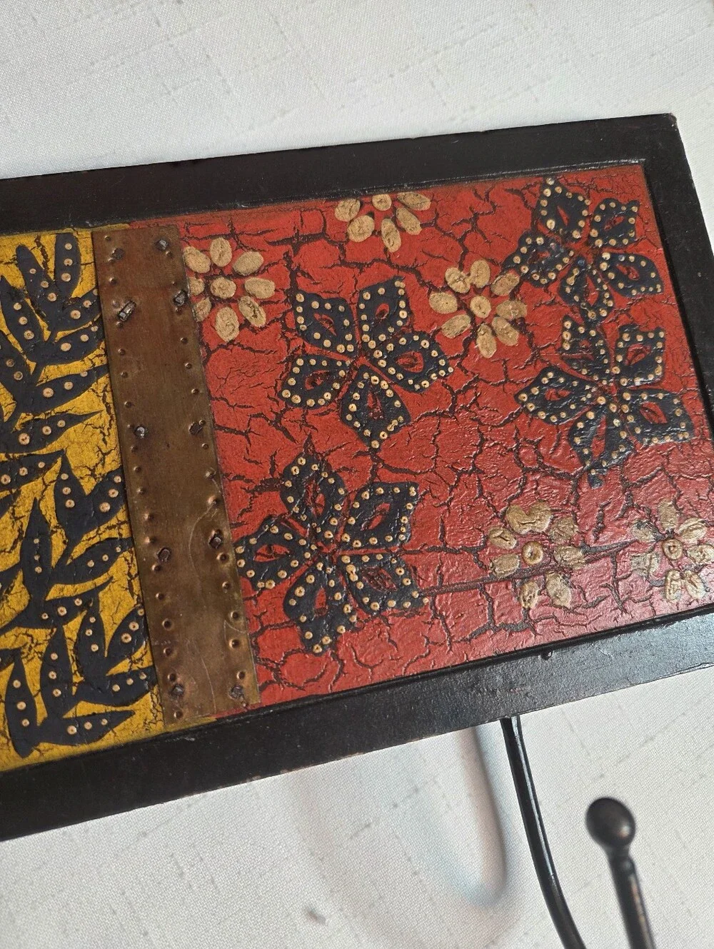 Pier 1 Imports Boho Batik Wall Hook Rack Hand Painted Wood Metal